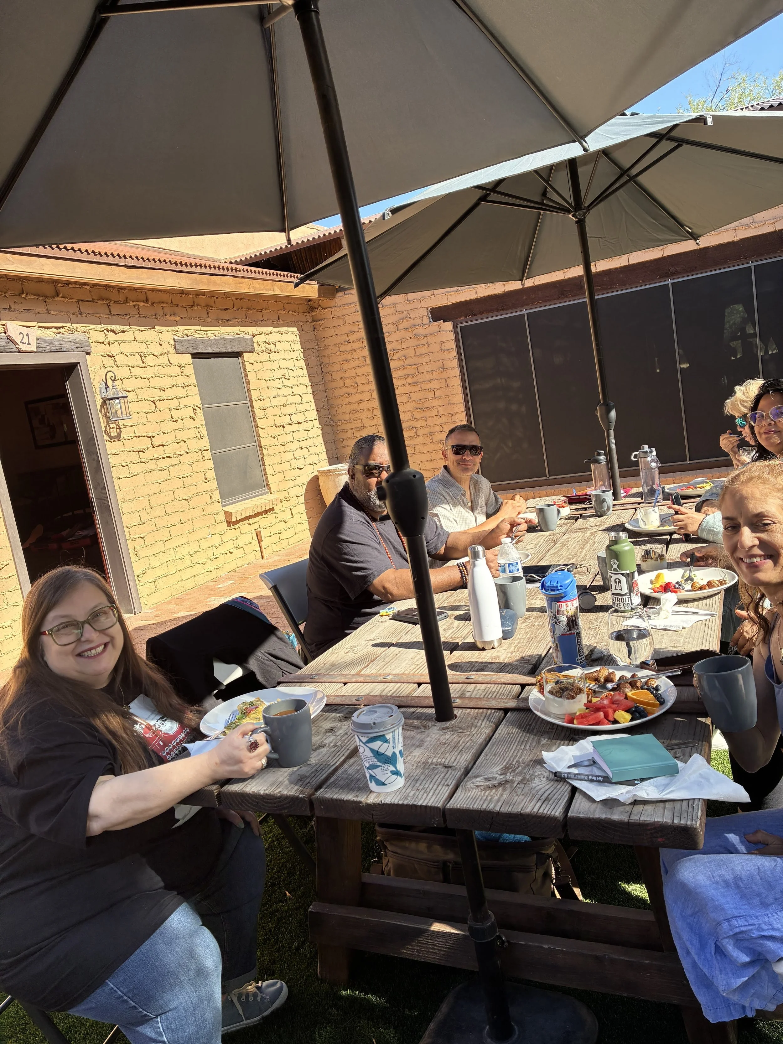 Group at outdoor picnic table