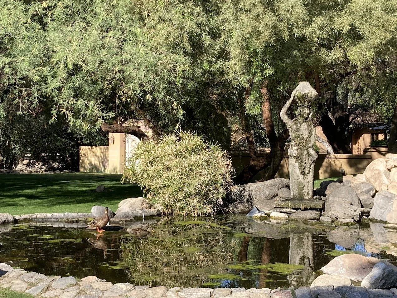 Stone lady and ducks in the fountain