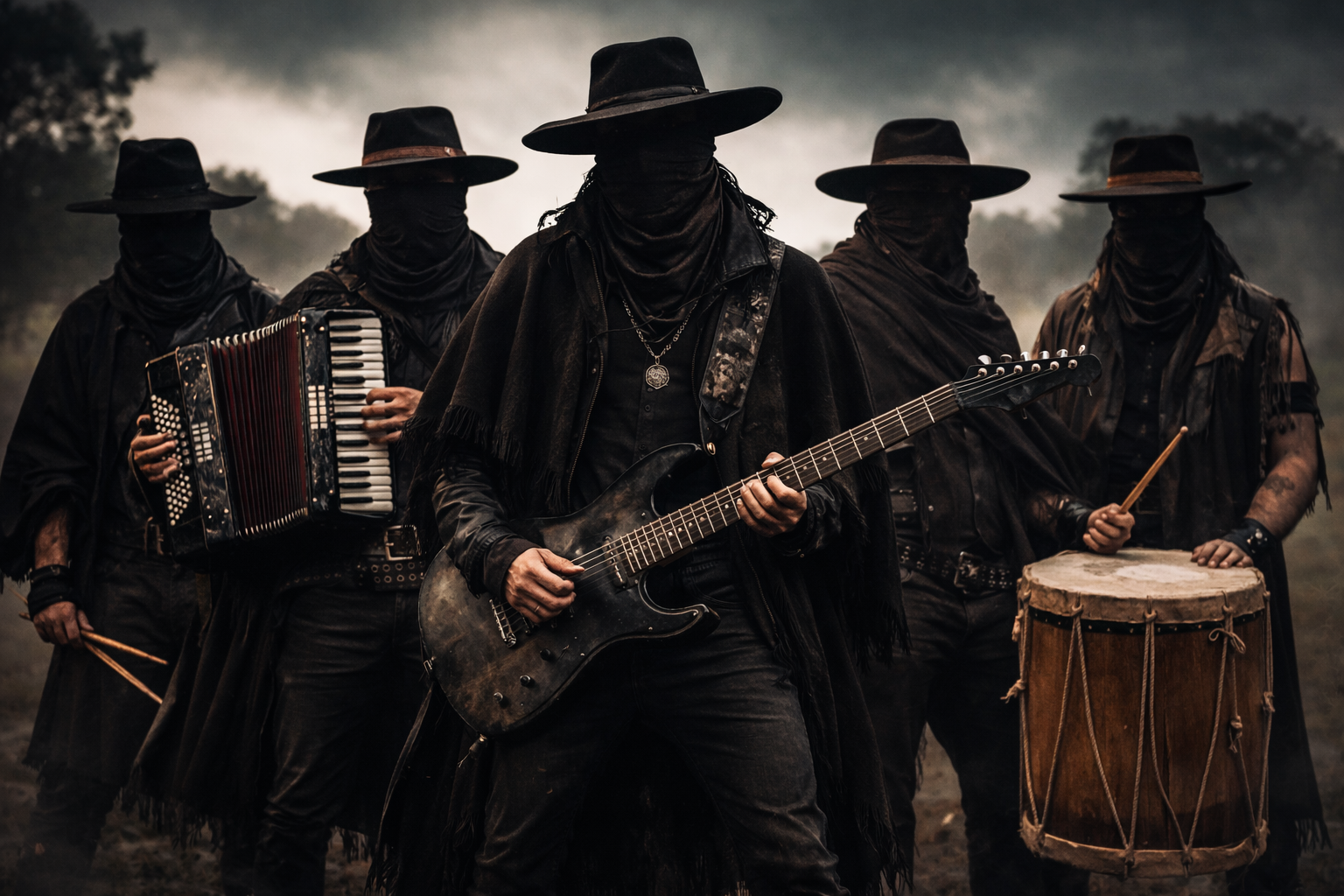 Grupo de músicos vestidos com roupas pretas, usando chapéus e cobertos até o rosto, tocando instrumentos como violão, acordeon e tambor em ambiente ao ar livre com céu nublado.