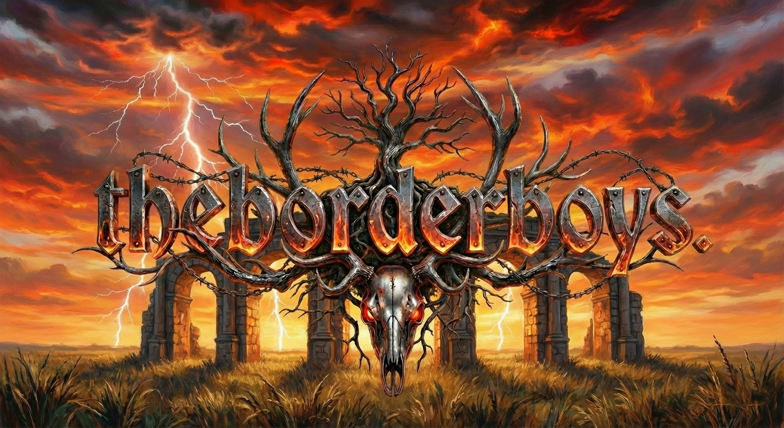 Arte de capa com um céu dramático de cores quentes, raios e uma árvore morta central com um crânio de veado, que tem chifres e uma árvore crescendo deles, com a palavra 'theborlaboys' escrita em letras metálicas ao centro.