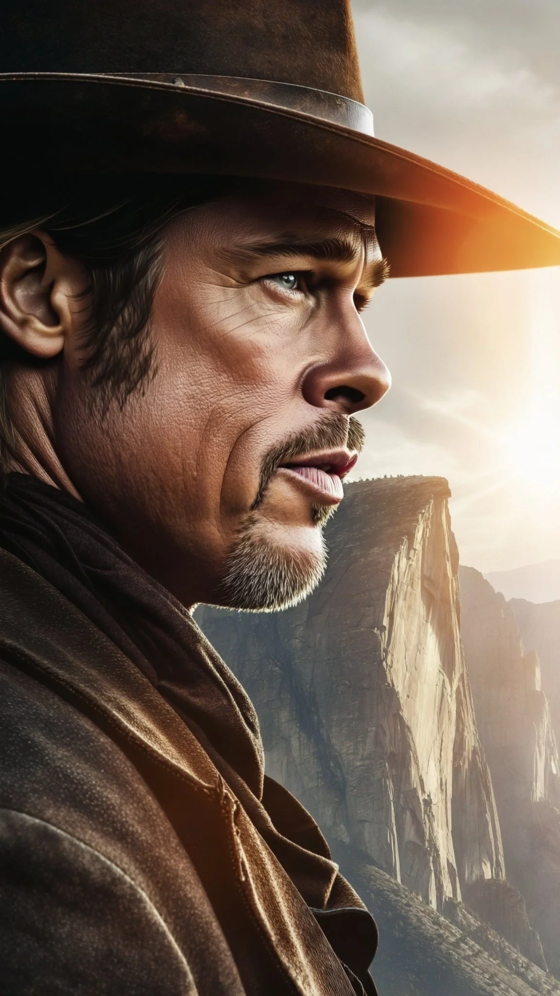 Retrato de um homem de perfil, usando chapéu de cowboy e jaqueta de couro, com uma cordilheira ao fundo ao pôr do sol.