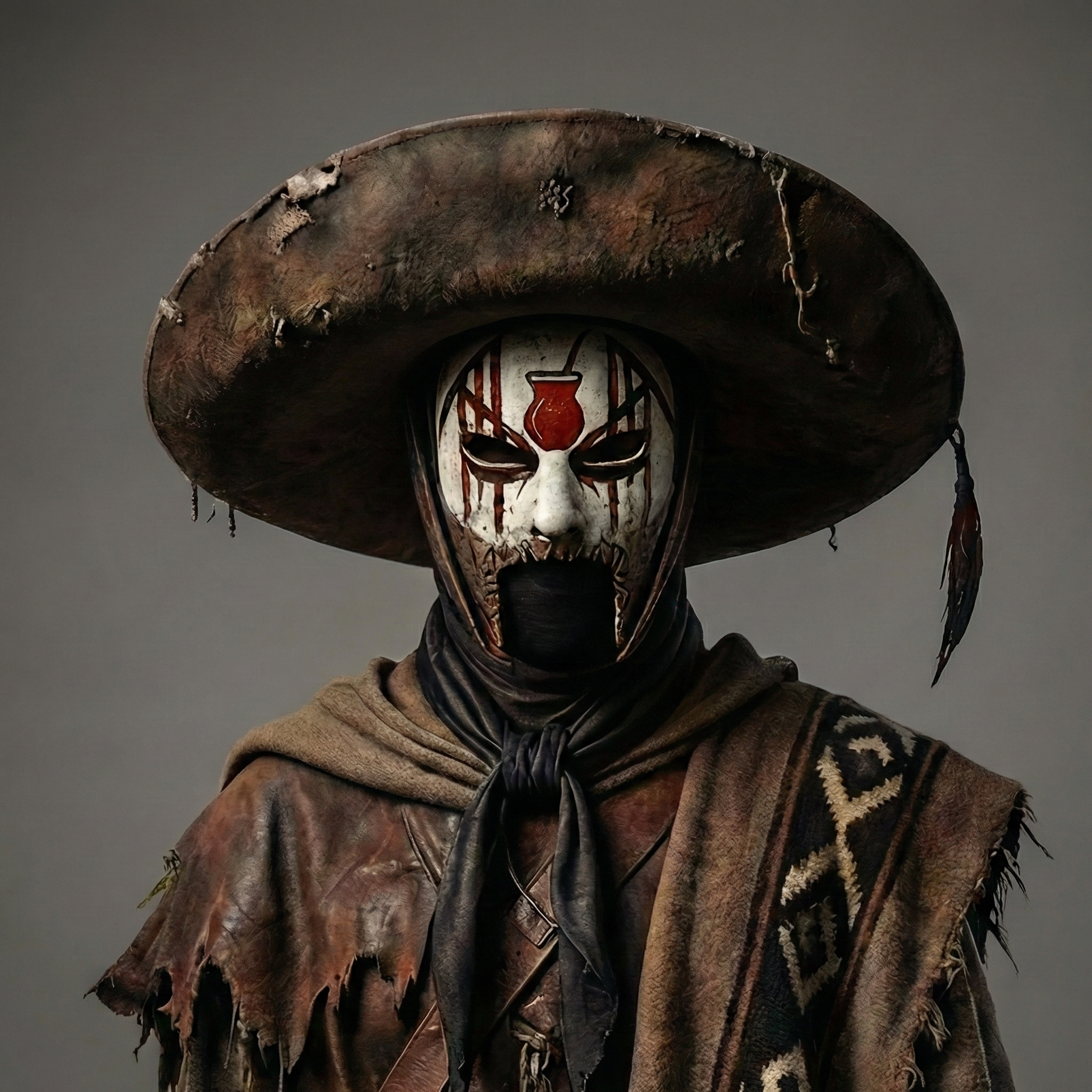 Figura de um personagem sombrio com máscara de caveira e chapéu grande, trajando roupas rústicas e uma capa com detalhes geométricos.