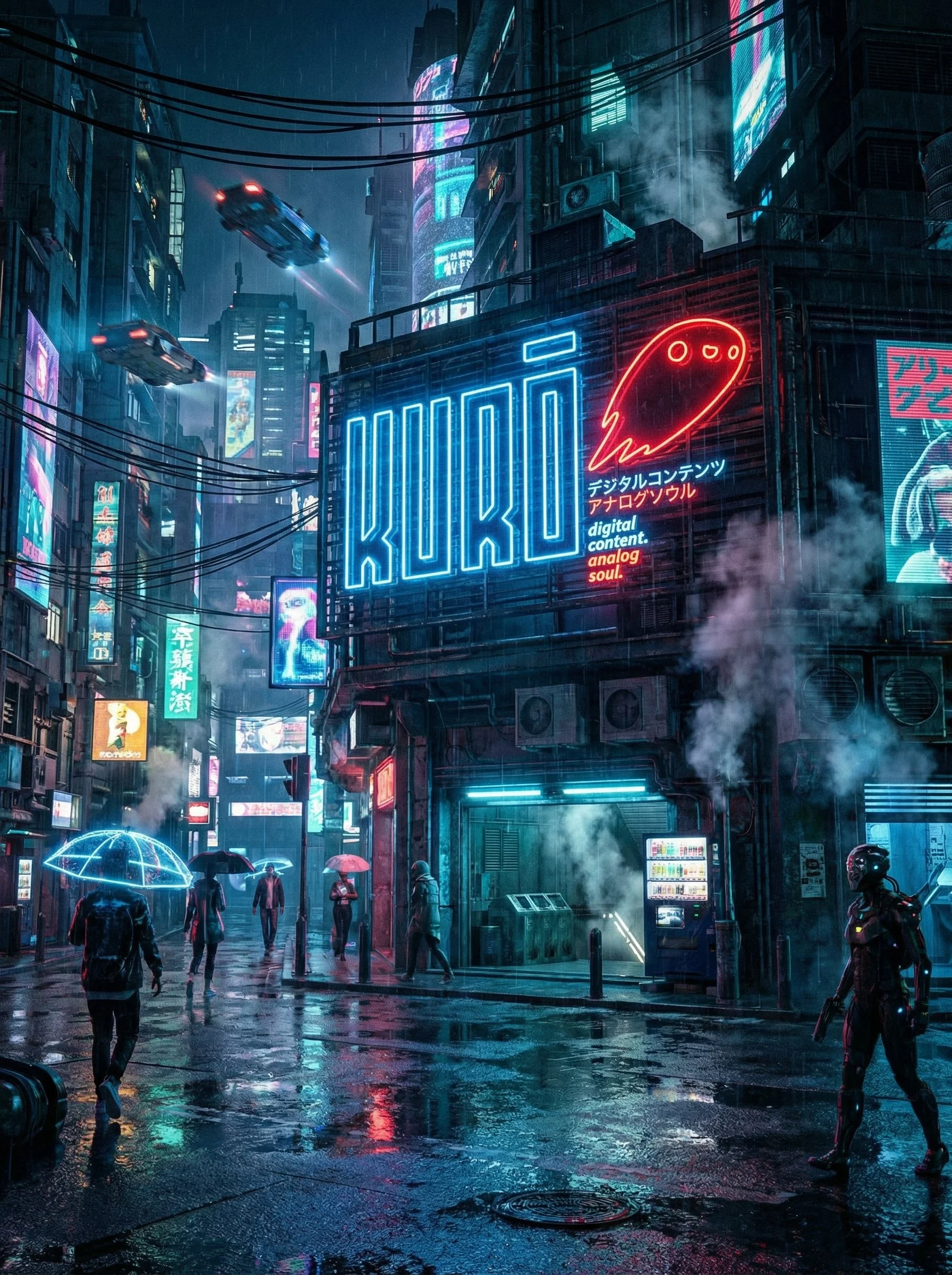 Cena futurista em uma cidade neon à noite com letreiros em japonês, carros voadores e pessoas com guarda-chuvas, incluindo um robô na esquina.
