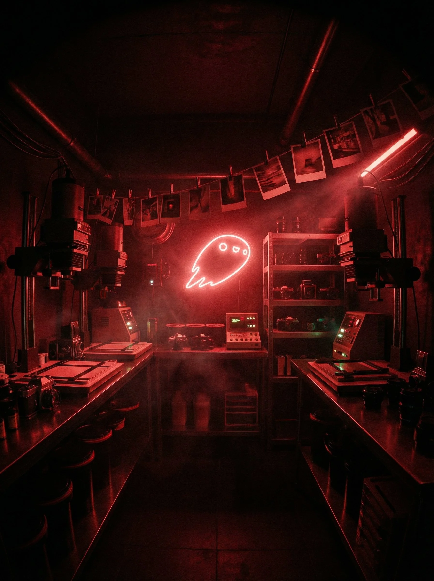 Sala de estúdio fotográfico com iluminação vermelha, equipamentos de fotografia, prateleiras com câmeras e equipamentos diversos, e uma neon de um fantasma no fundo.