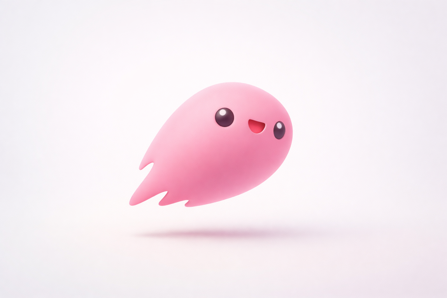 Carinha de animação em forma de fantasma rosa com olhos grandes e sorrindo, em fundo branco.