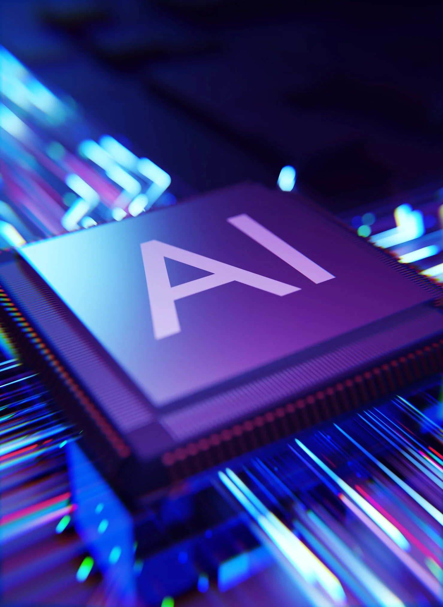 Close-up of a computer chip with glowing blue and purple LED lights.