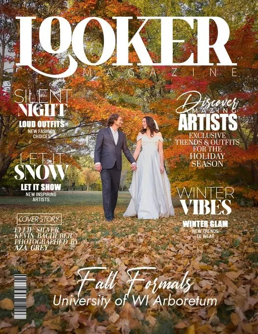 Looker Magazine cover featuring a couple holding hands on a fall leaf-covered path under colorful trees at University of WI Arboretum. Headline topics include fashion, artists, and winter trends.