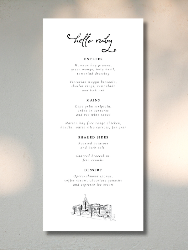 Elegant restaurant menu on white paper with a small sketch of a building at the bottom, listing appetizers, main courses, shared sides, and desserts.