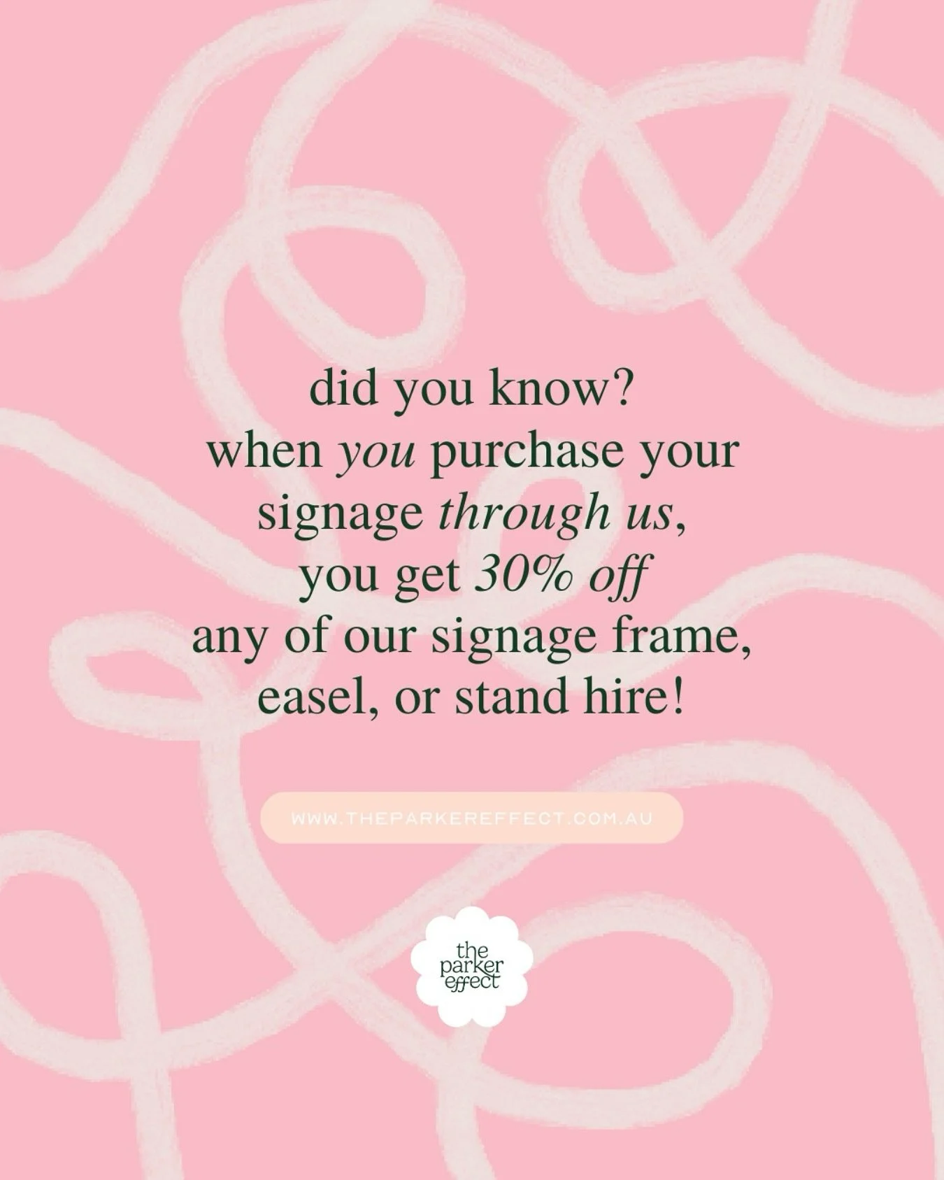 Simplify your event planning and save! 🎉

When you purchase your signage through us, you&rsquo;ll receive 30% off signage frame, easel, or stand hire. This offer is available all year round to our local clients who can collect from Botanic Ridge, VI