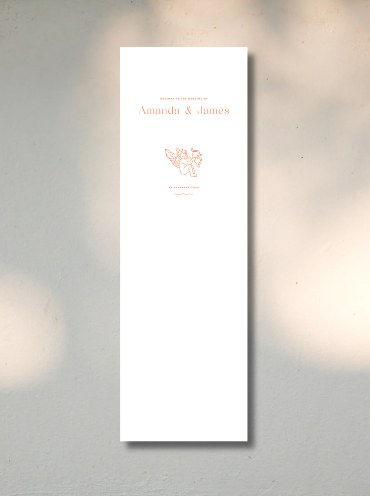 Wedding welcome sign for Amanda and James with a cherub illustration and wedding date