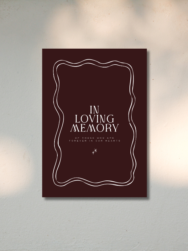 Memorial plaque with a dark background and white decorative border, inscribed with 'In Loving Memory of those who are forever in our hearts'.
