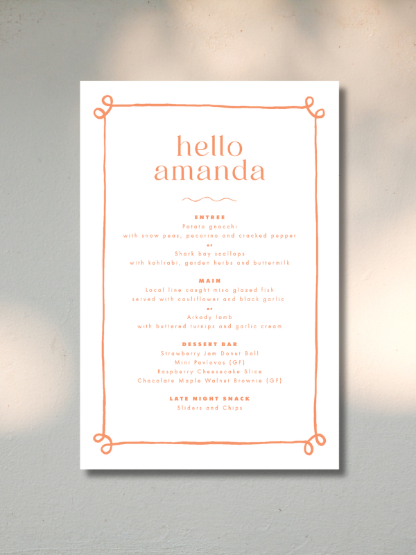 Menu for Amanda's restaurant with sections for entree, main course, dessert bar, and late night snack, decorated with a simple orange border.