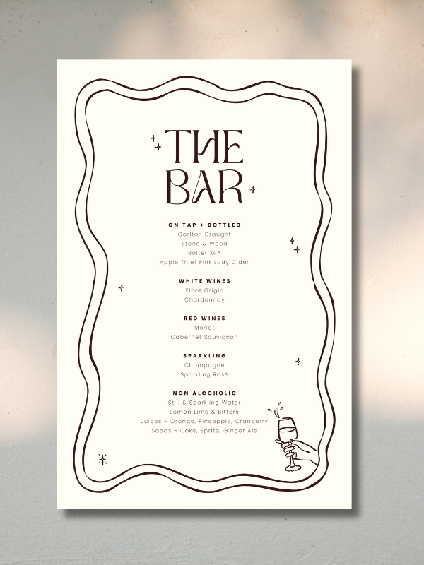 A menu for a bar listing options for on tap and bottled drinks, white and red wines, sparkling options, and non-alcoholic beverages, with decorative hand-drawn border and small illustrations of a hand holding a drink and some stars.