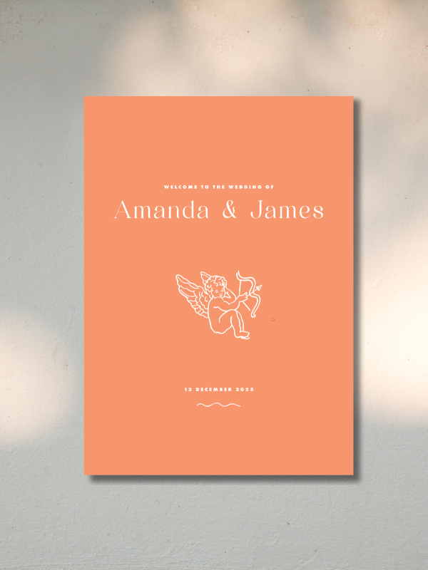 Wedding invitation with peach background, white text, cherub illustration, and wedding date of December 13, 2023.