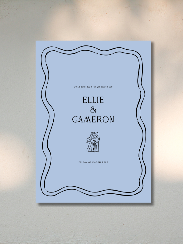 Wedding invitation with a light blue background, black decorative border, and text that reads "Welcome to the wedding of Ellie & Cameron" with a drawing of a bride and groom, and the date Friday 07 March 2025.