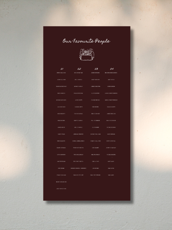 A list titled 'Our Favorite People' on a maroon background, featuring names of various individuals.