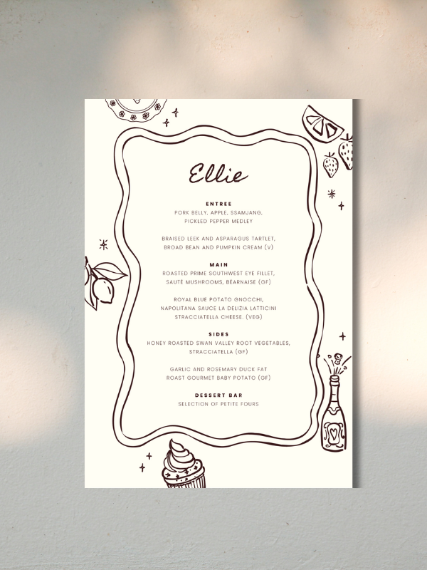 Restaurant menu titled Ellie with sections for entrée, main, sides, and dessert bar, featuring handwritten-style text and simple line drawings of food and drink items around the border.