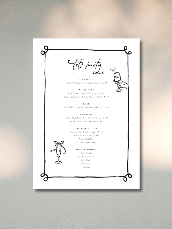 Party menu titled 'Let's Party' featuring drinks such as sparkling, white wine, rosé, red wine, cider, and non-alcoholic options, with illustrations of a champagne glass and a hand holding a champagne flute.