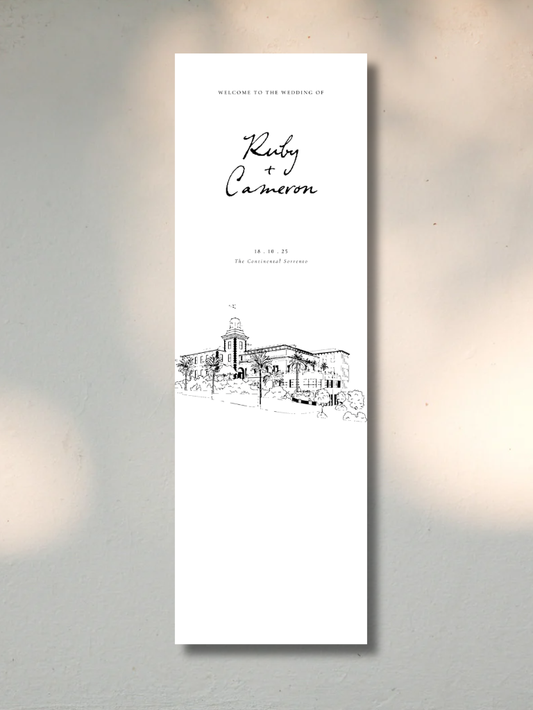 Wedding invitation for Ruby and Cameron with a line drawing of a Mediterranean-style building and palm trees