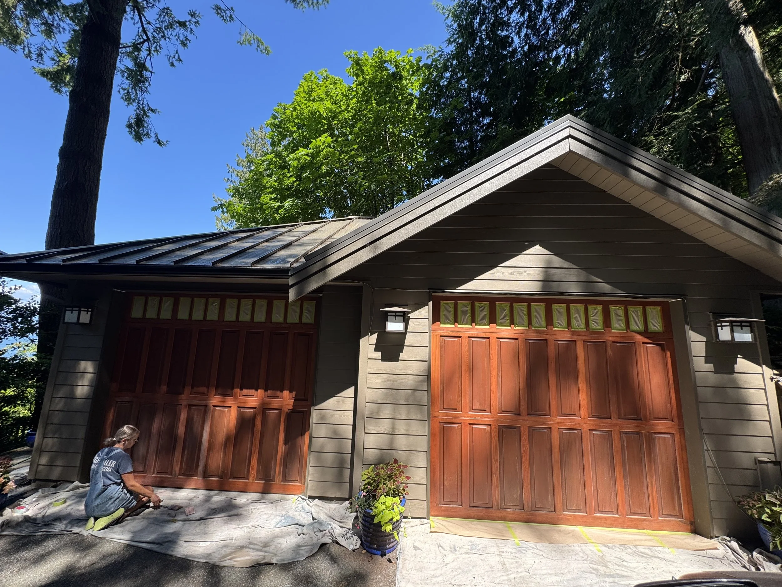 staining garage door, garage door preparation, West Vancouver painting company 