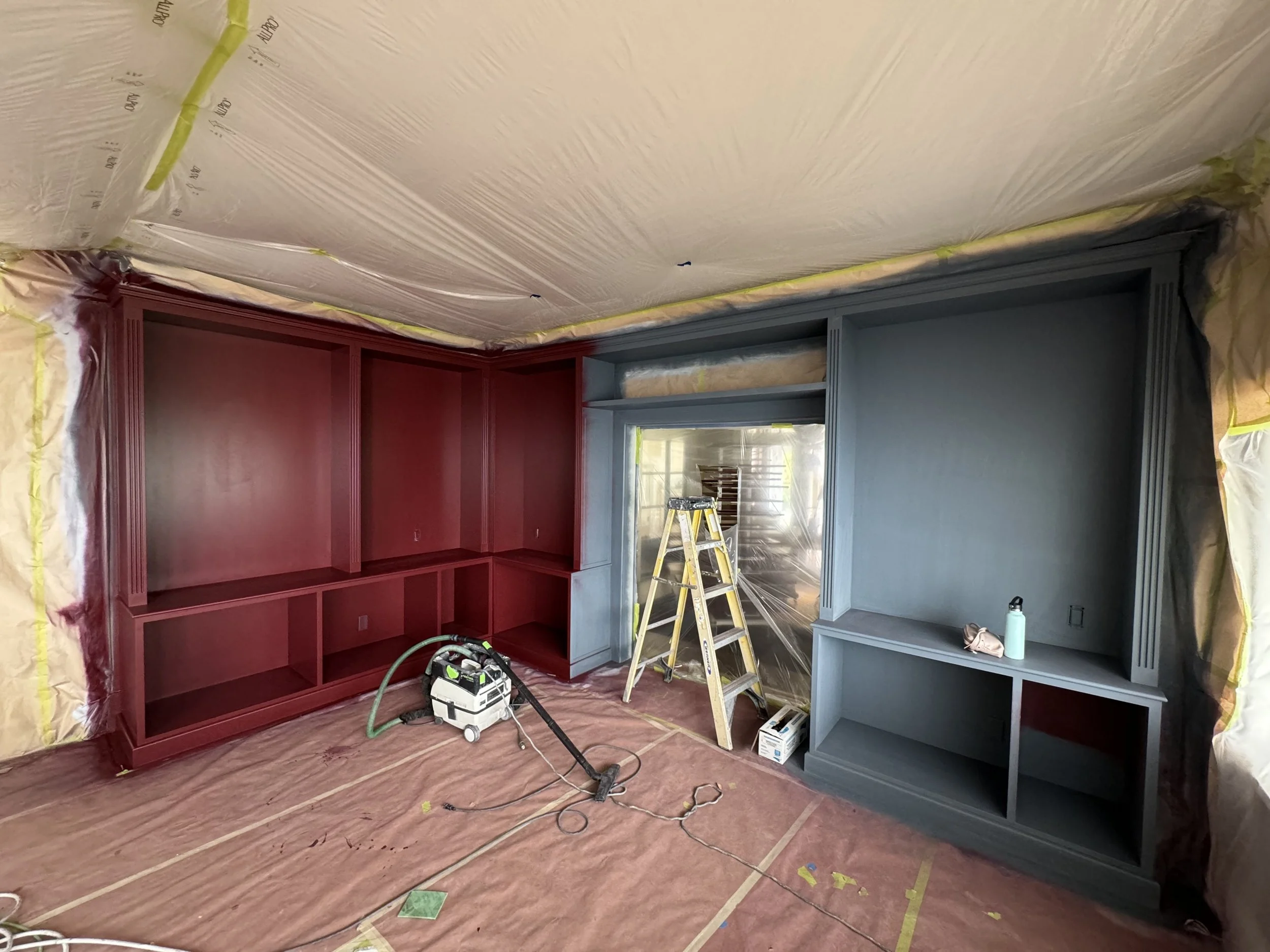 preparation prior to spraying, interior painting in West Vancouver, build in spray painting, high-end interior job West Vancouver, West Vancouver painters, interior painting