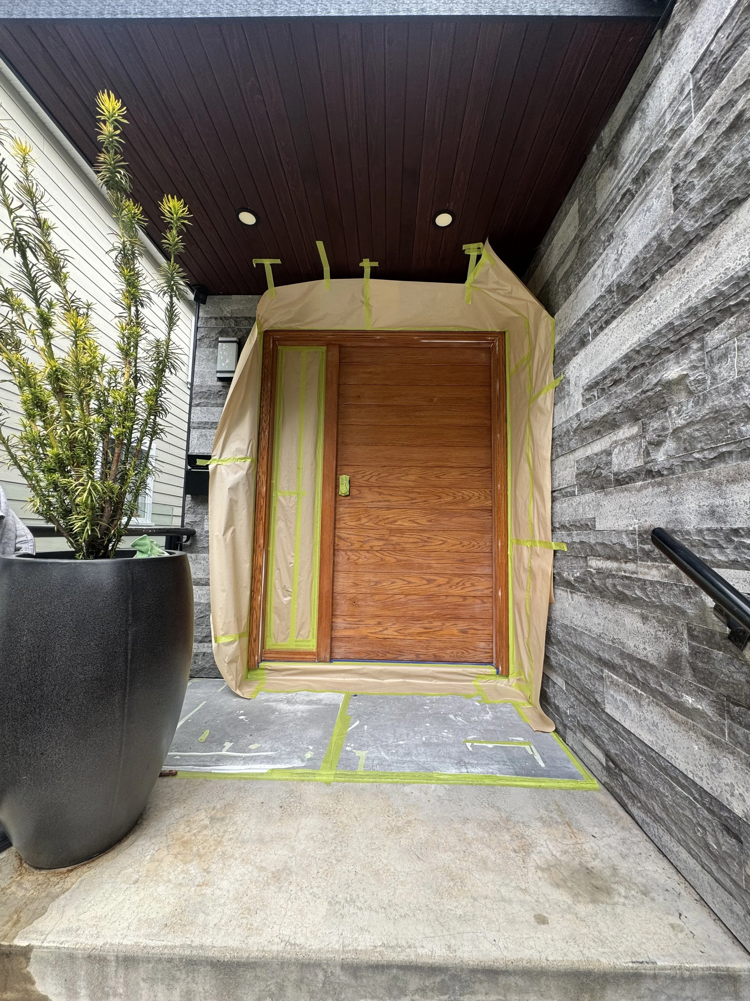 exterior door spray-painting, North Vancouver painters, fine-finish painting, preparation before painting, masking before painting