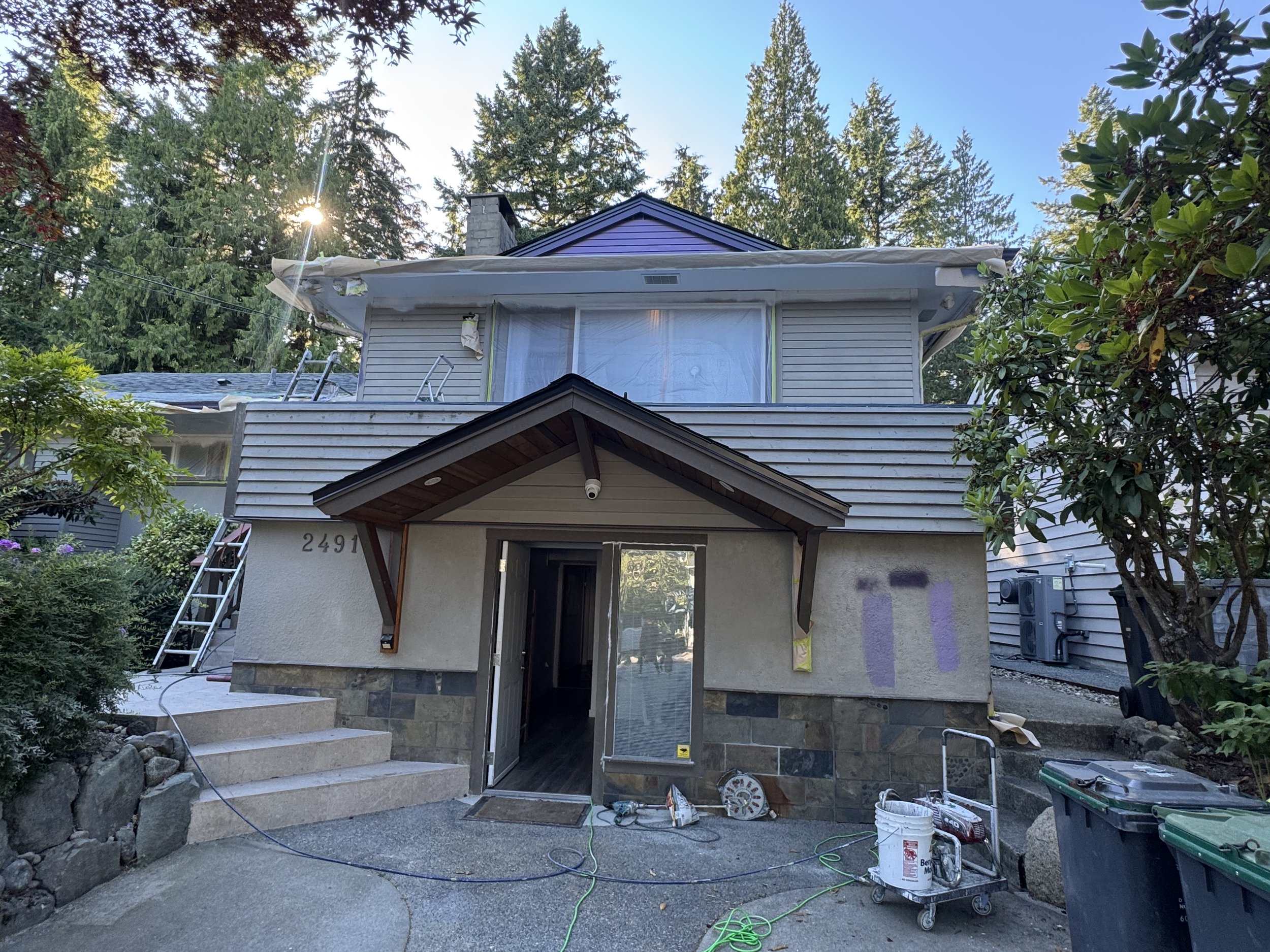 exterior painting, exterior painting in Lynn Valley, exterior of the house prepped for spraying