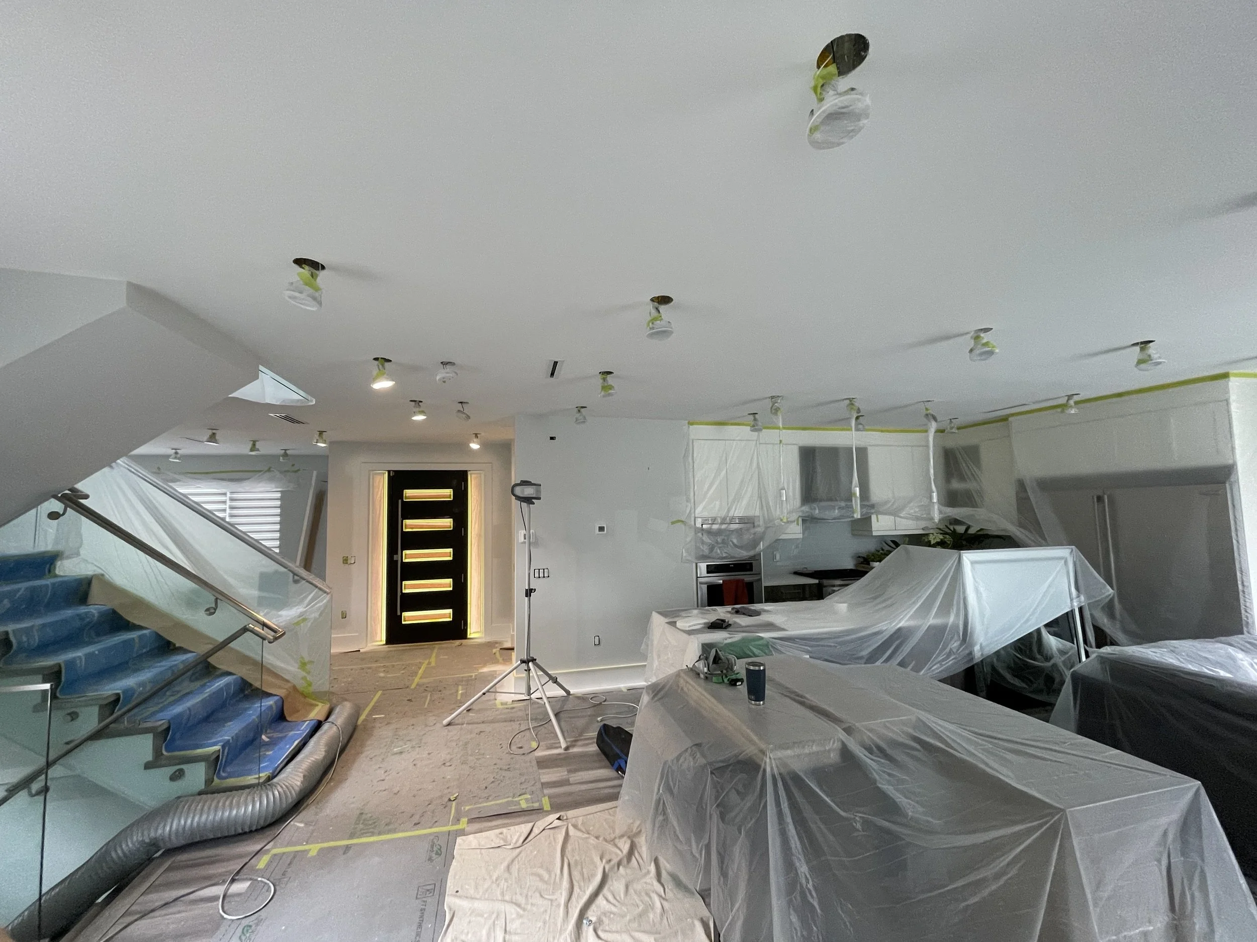 interior repaint, preparation for ceiling spray painting, protection of surrounding surfaces
