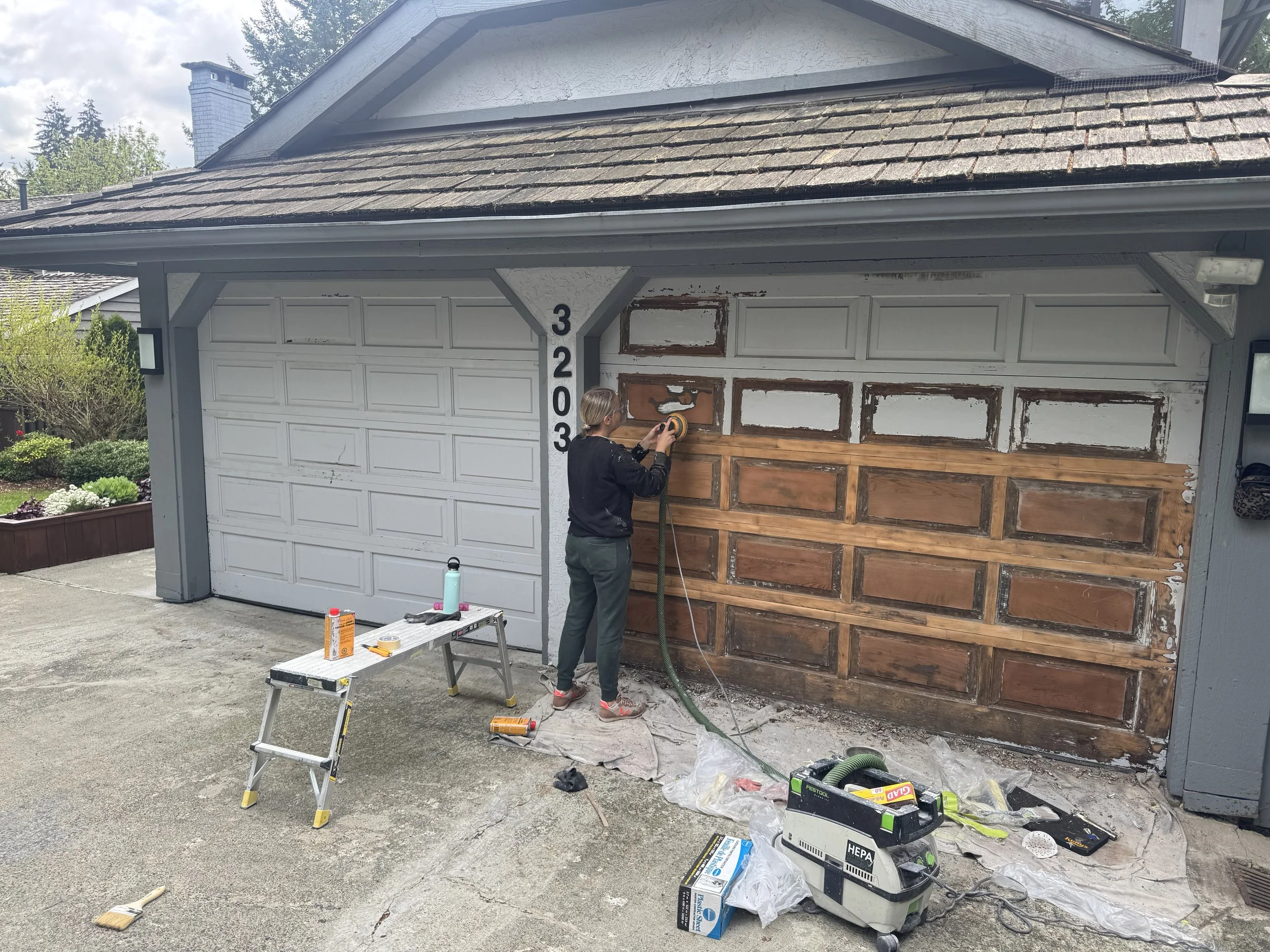 garage door stripping and staining, garage door refinishing, West Vancouver painters, dustless sanding, Mirka sander
