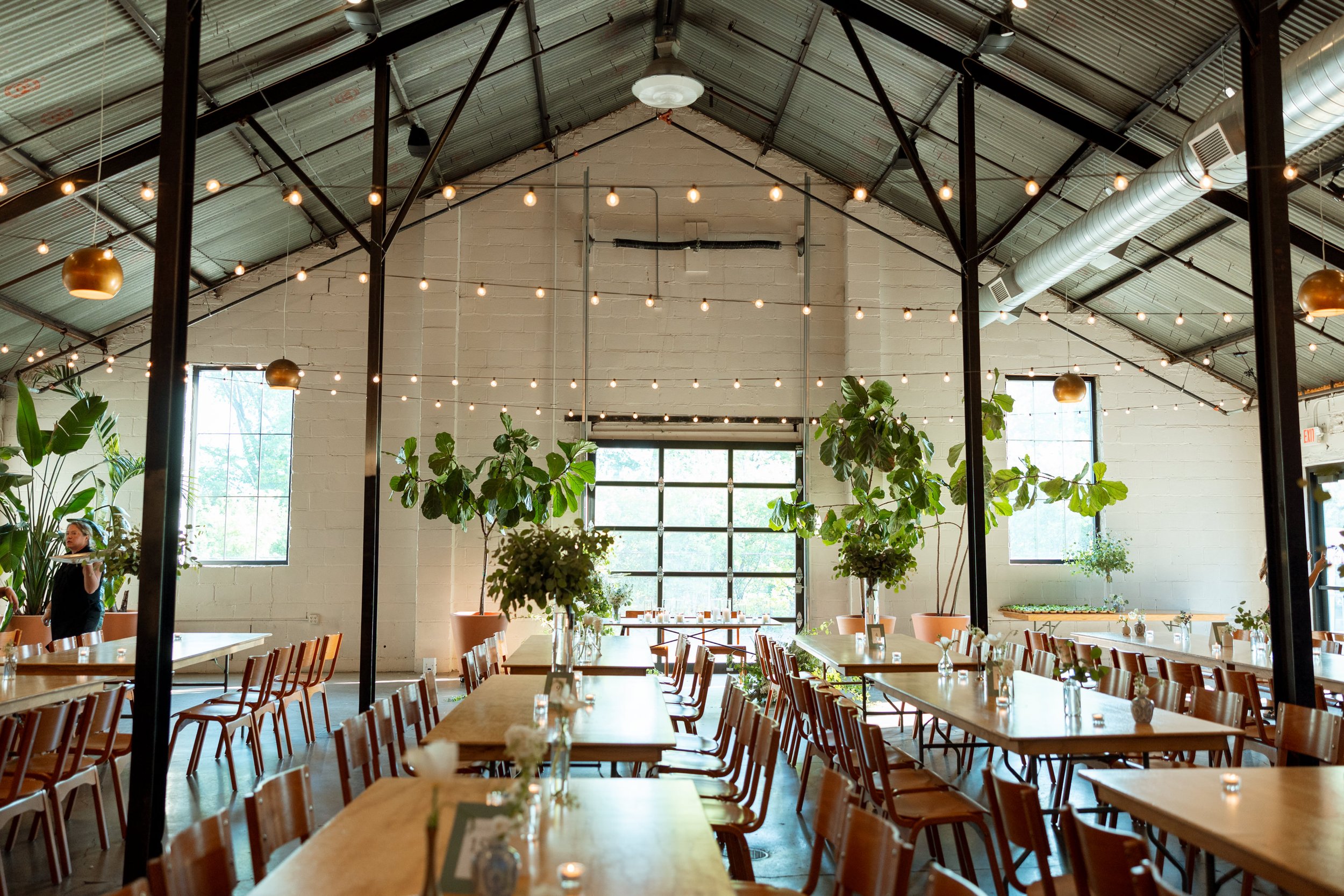 A wide shot of the reception in the Gold Room featuring wide strung cafe lighting, tall potted plants and decorated reception tables