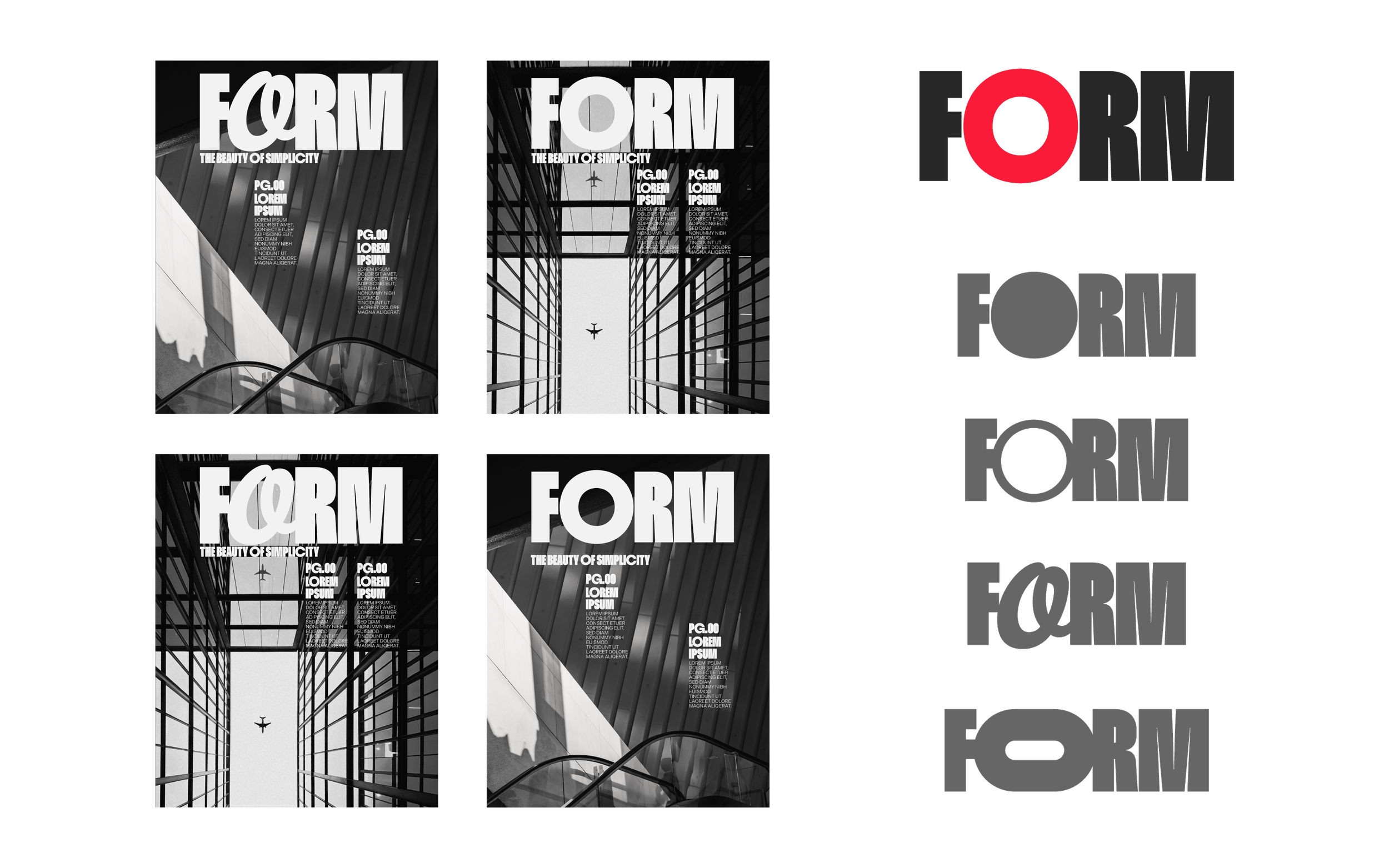 Concepts of the 'FORM' brand logo, with other versions of the magazine cover to the left.