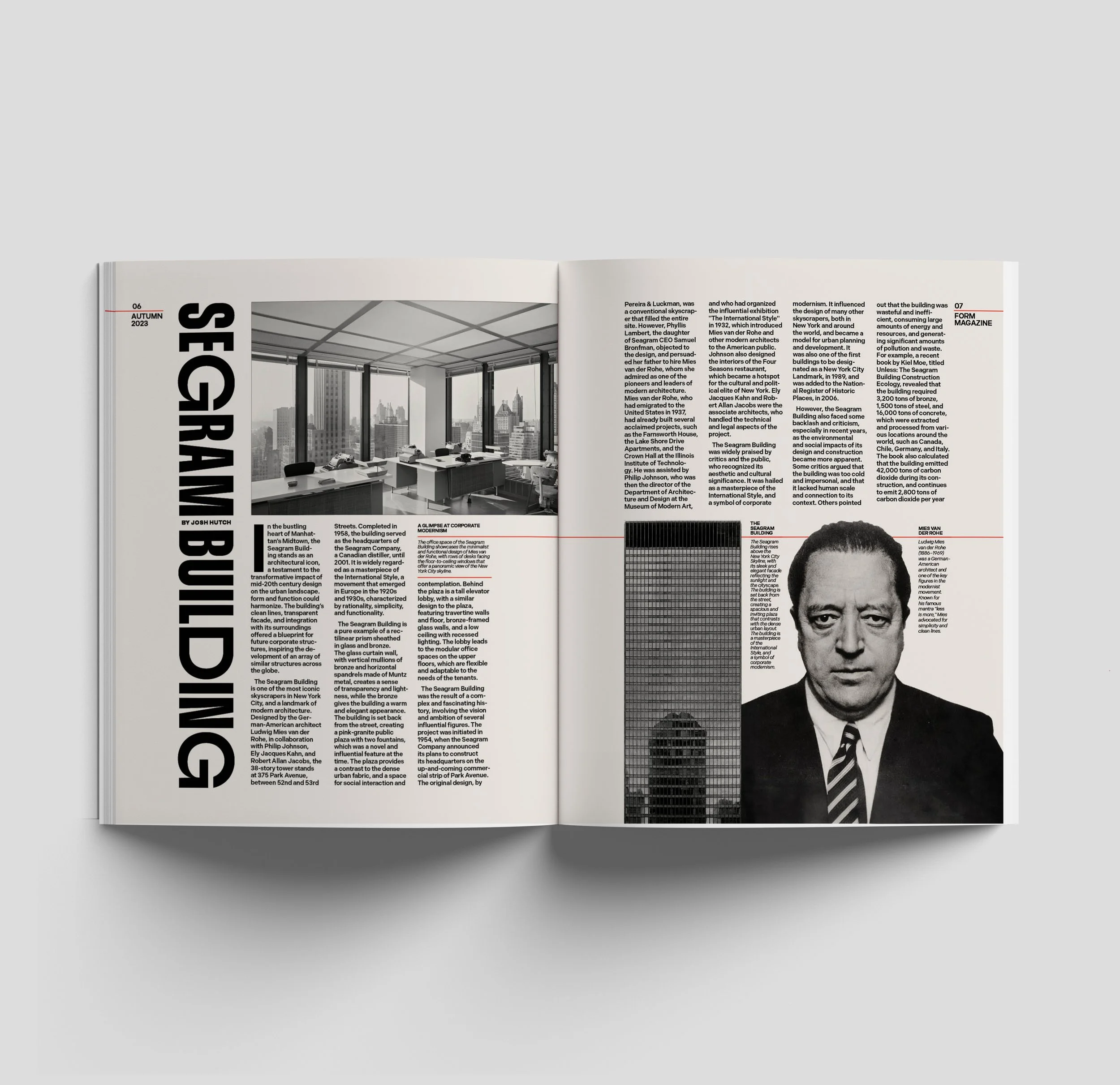 A third spread, showing the Seagram Building Article, showcasing Mies Van Der Rohe, the architect of the Seagram Building