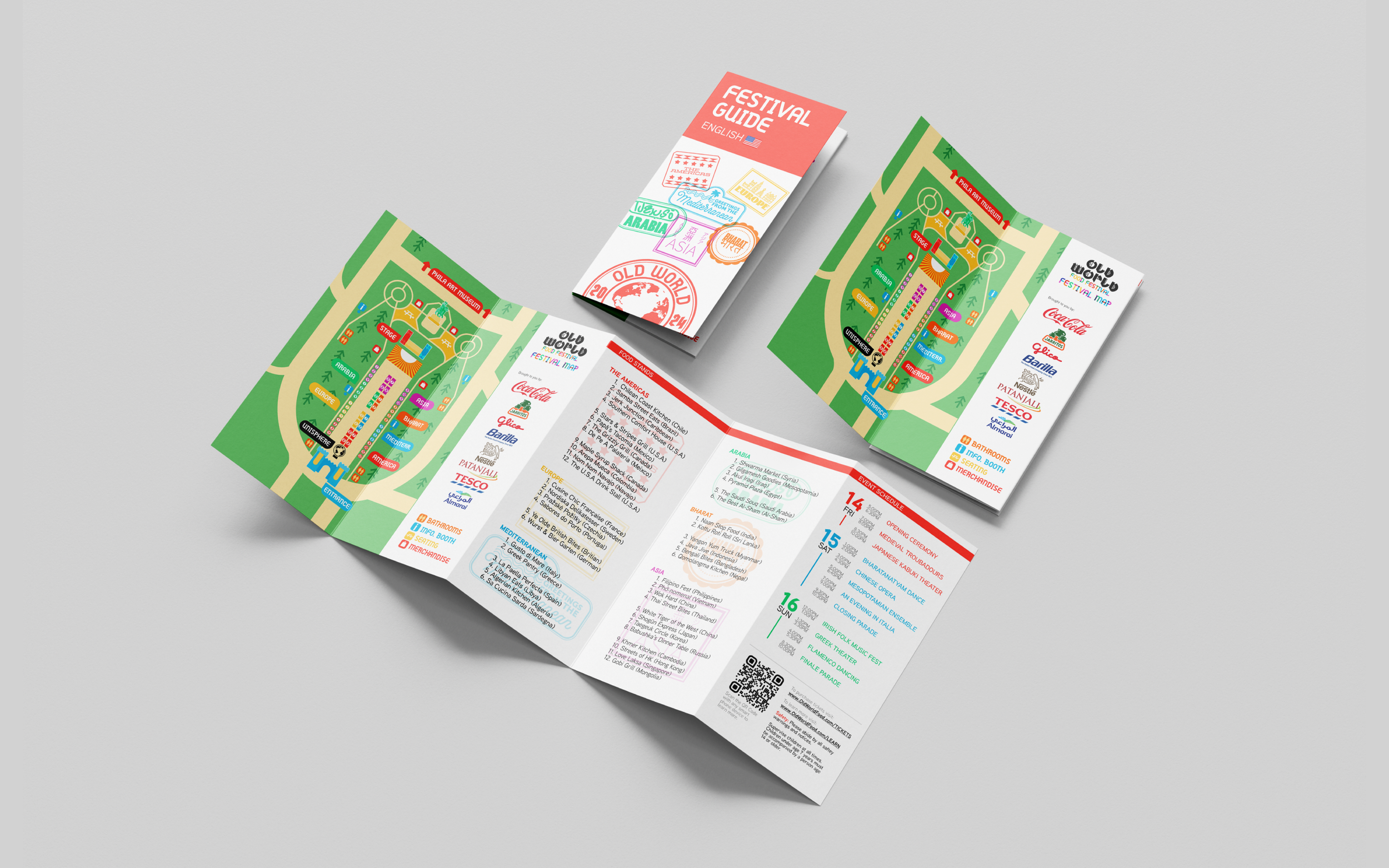 Old World Food Festival Festival Guide Pamphlet showcasing the event map, the event schedule, the sponsors, as well as a long list of the food stands.