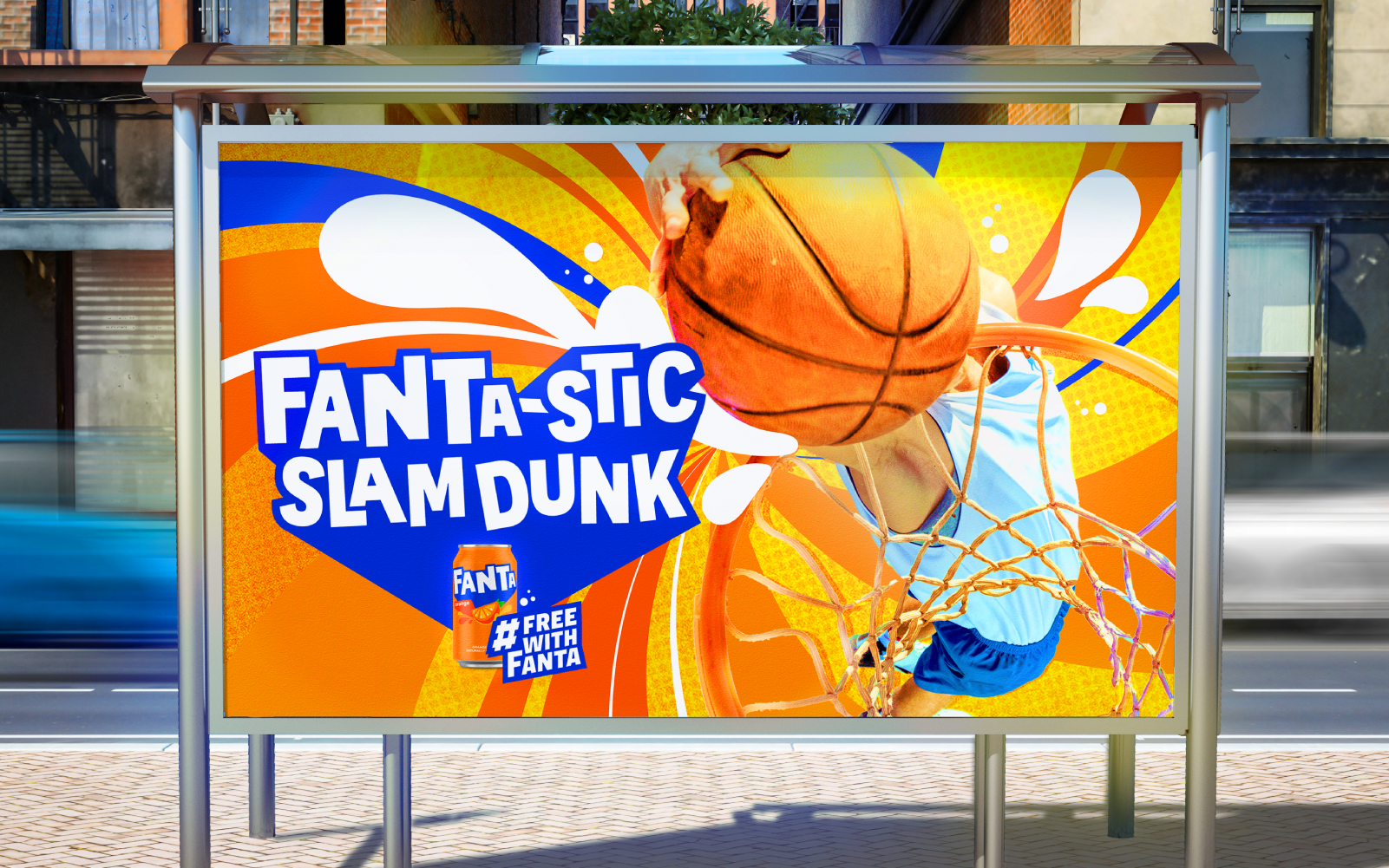 Orange Fanta Ad Campaign reads "FANTA-Stic Slam Dunk" with a promotional hashtag "#Free with Fanta"
