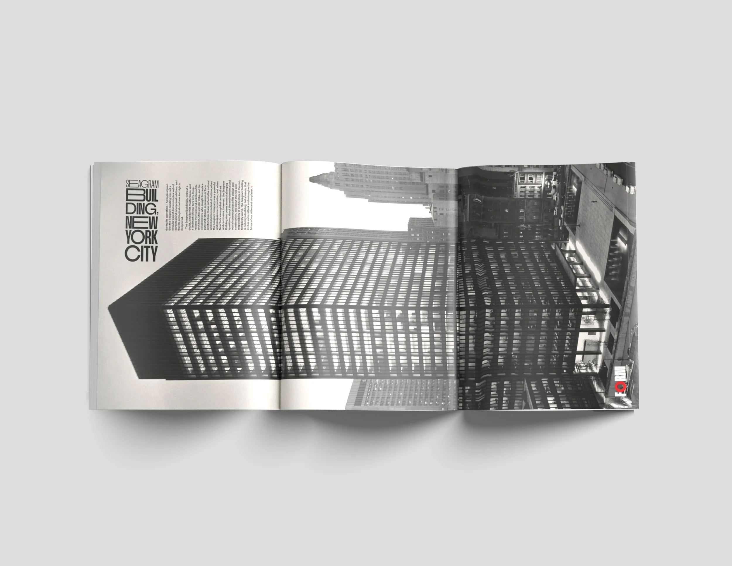 The last spread of Form Magazine showcases a three page fold-out spread with a full photo of the Seagram building.
