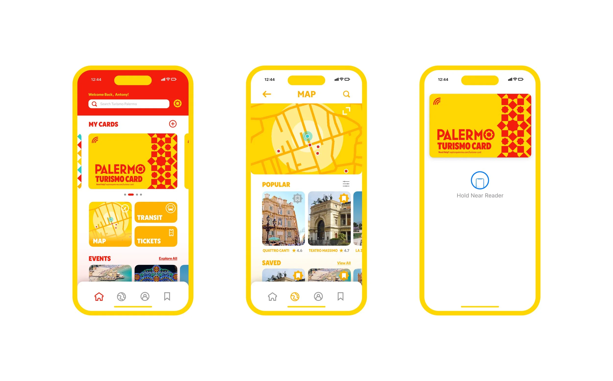 UI/UX design for the Palermo App showcases the home page, the map page, as well as the Turismo Card located on the Apple Wallet
