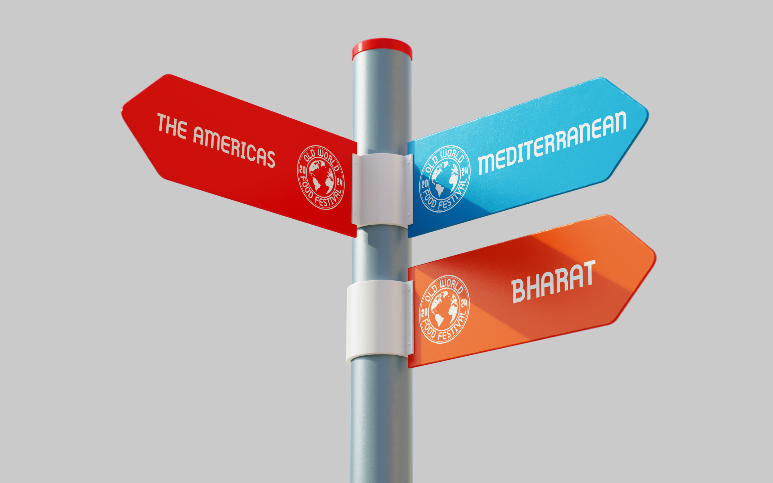 Wayfinding for the Old World Food Festival showing directions to the Americas, the Mediterranean, and Bharat.