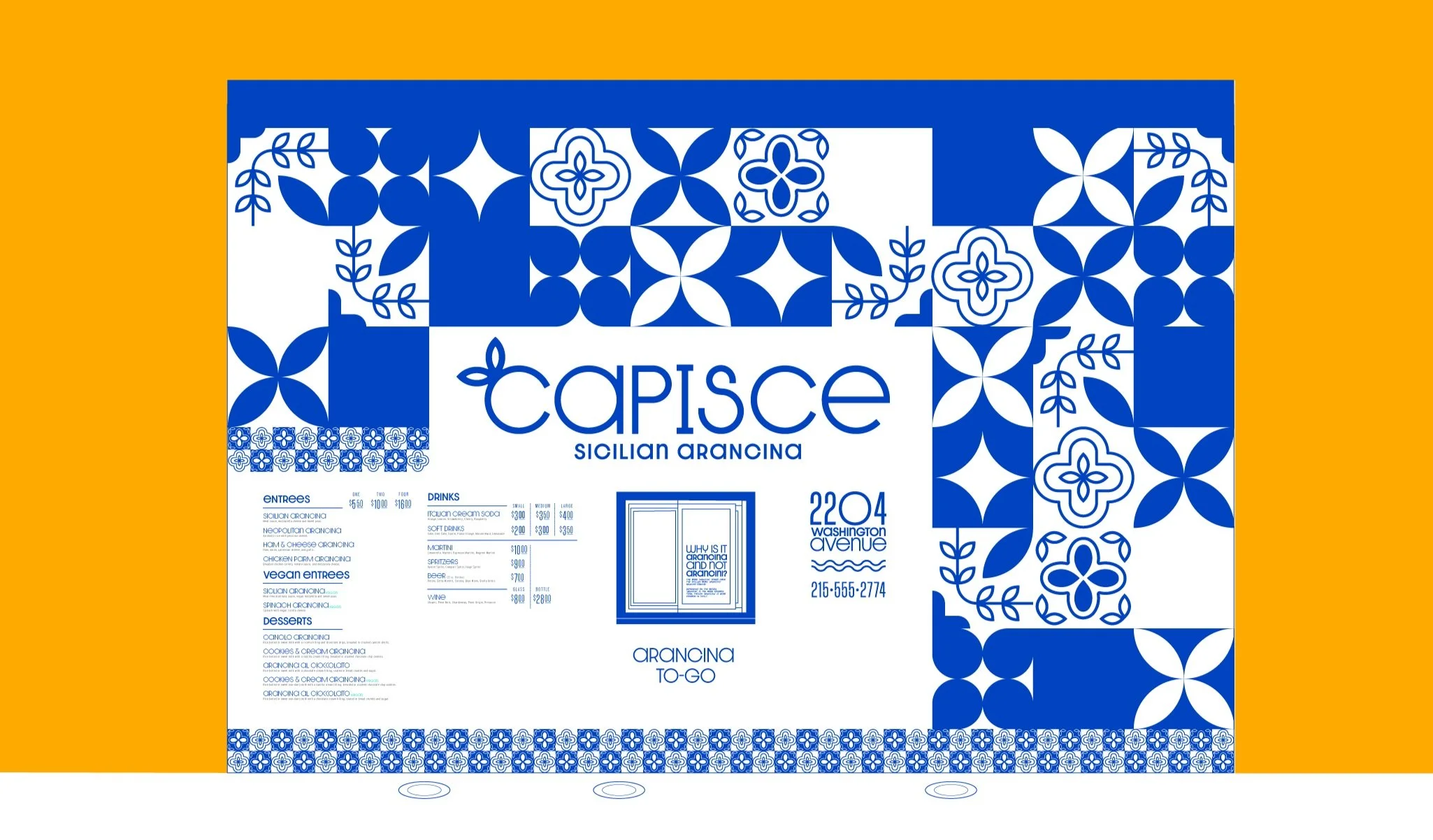 The exterior of Capisce Sicilian Aracina showing the flat design of the tiles, showing the window, and the menu that is printed on the front facade.