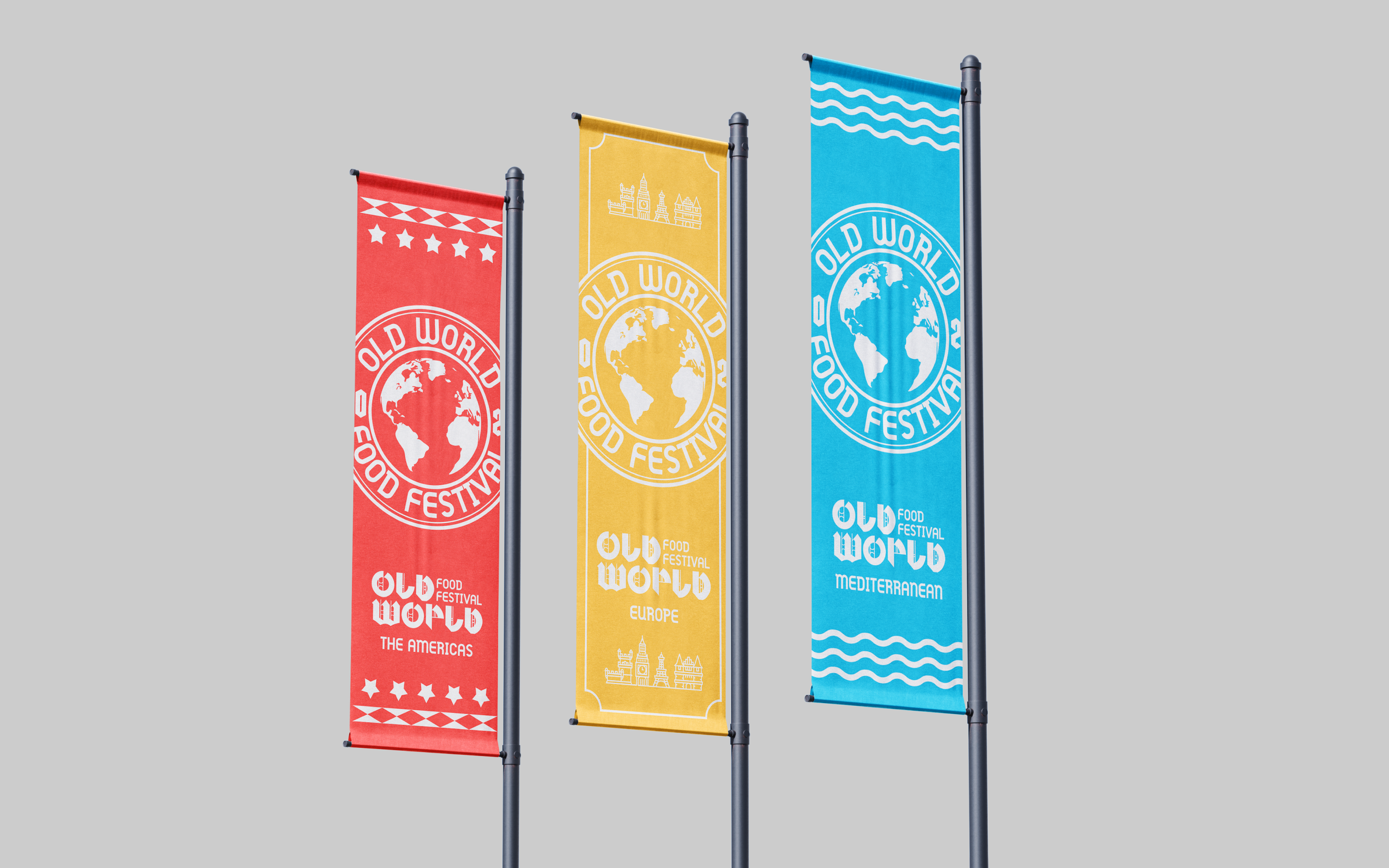 Old World Food Festival banners showing a red banner for the Americas, a yellow banner for Europe, and a blue banner for the Mediterranean