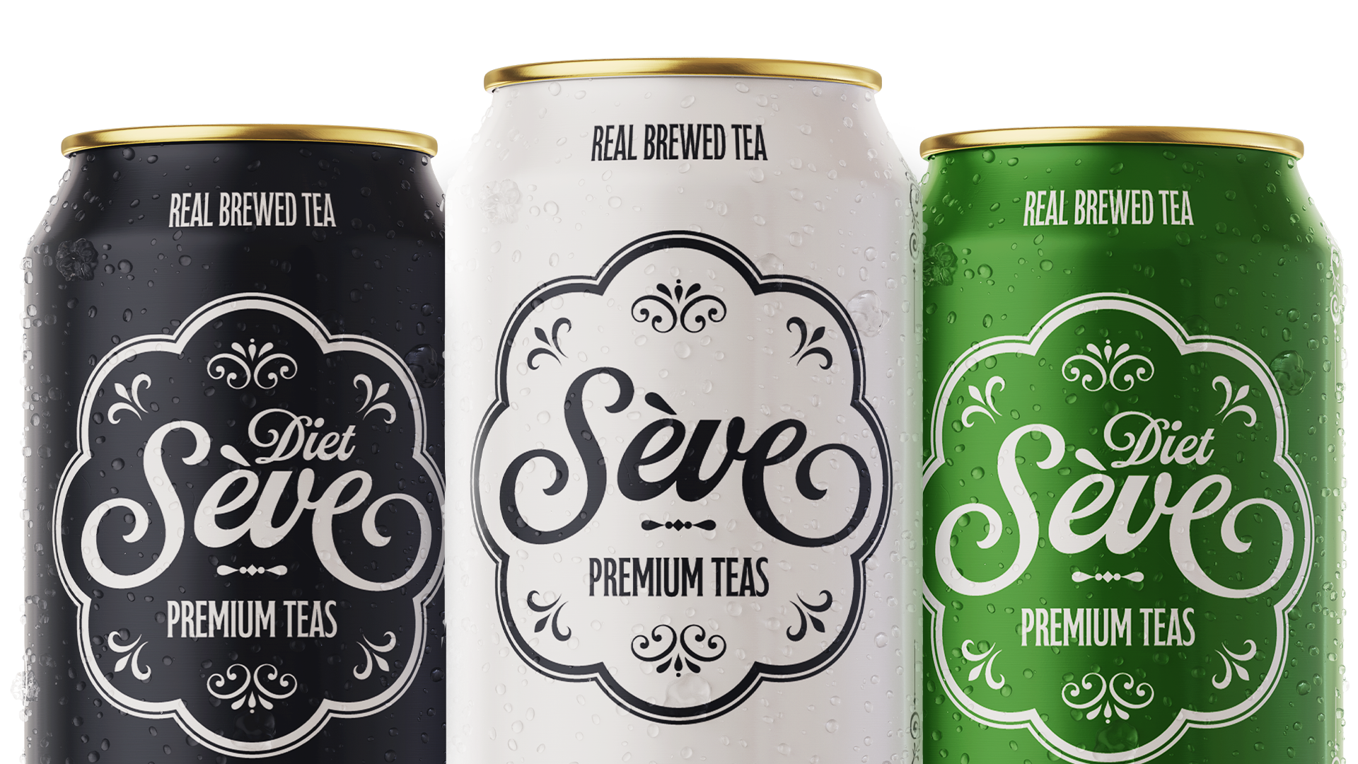 Sève Tea cans lined up with Diet Black Tea, Black Tea, and Diet Green Tea