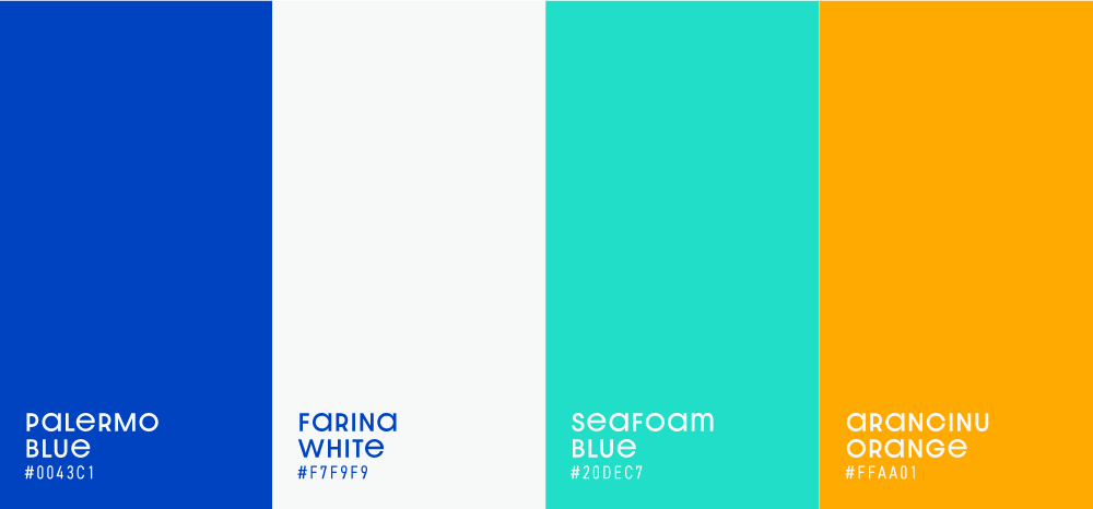 Capisce Sicilian Arancina Color Scheme: Palermo Blue, a deep dark blue; Farina white; Seafoam Blue; and Aracinu Orange.