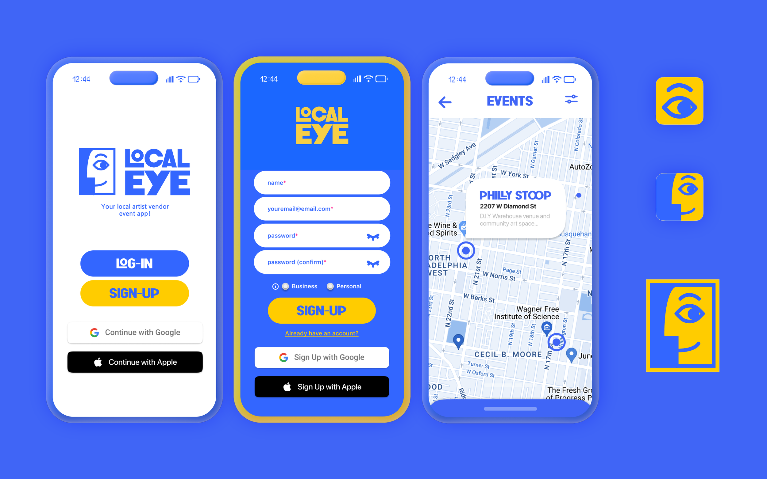 Multiple looks at the Local Eye app including the Log-in and Sign-up pages, as well as the Event Map