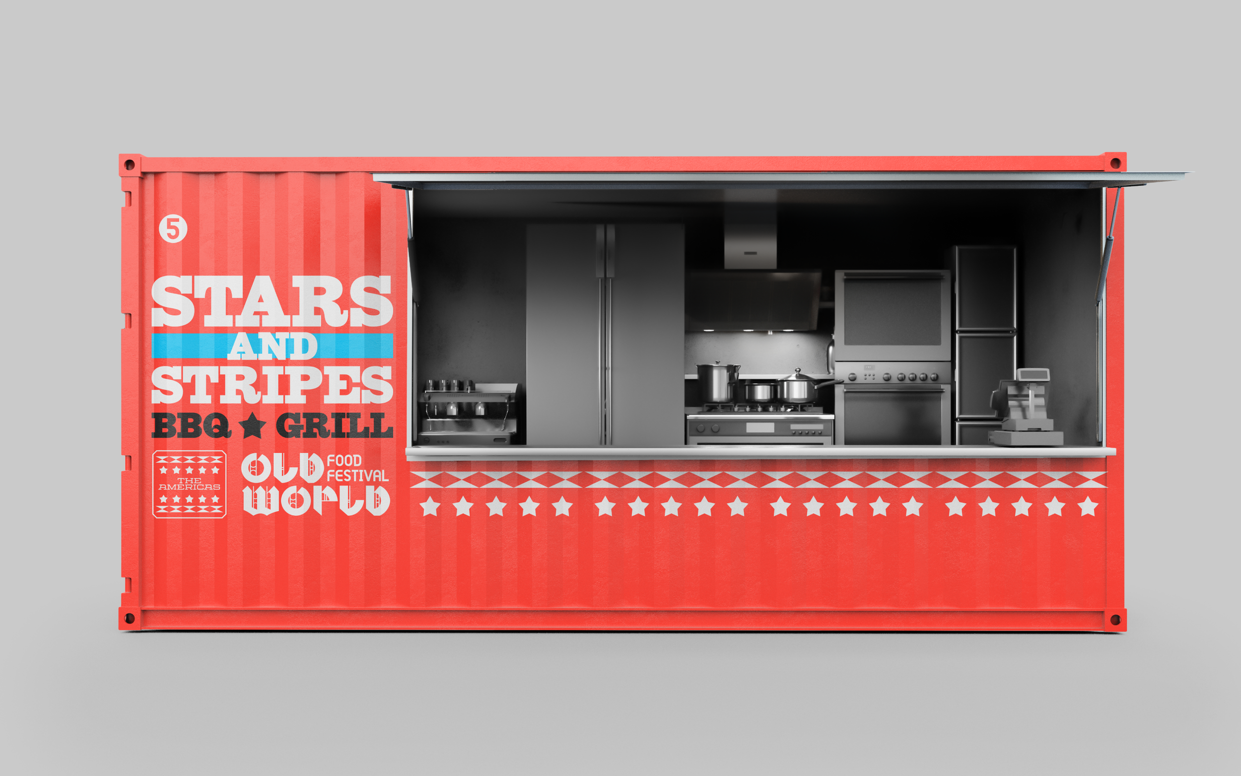 A metal shipping container repurposed to act as a food truck without wheels. The front says "Number 5, the Stars and Stripes BBQ Grill."