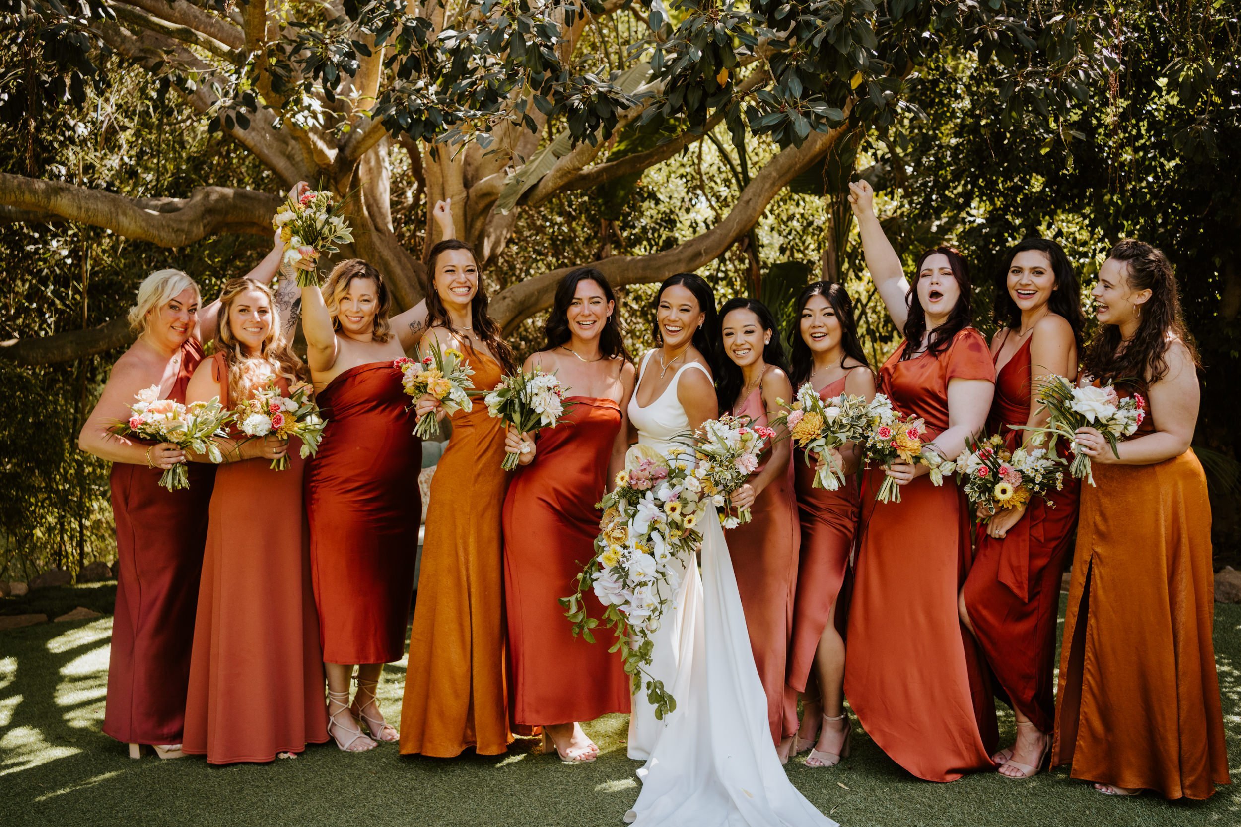 Rust bridesmaid dresses, bridal party, wedding party, Botanica Oceanside wedding, Photo by Tida Svy, San Diego wedding photographer