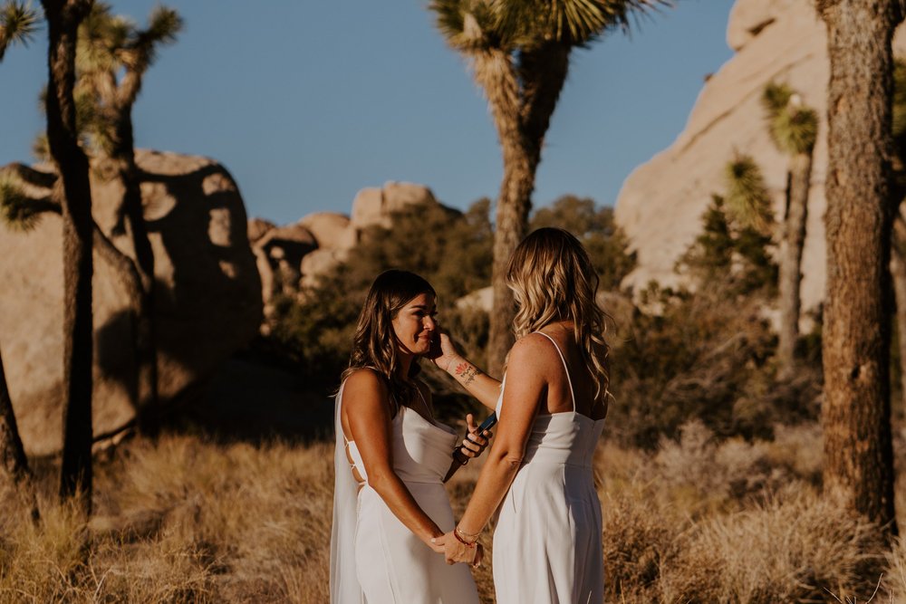 Two brides elopement, LGBTQ Joshua Tree National Park elopement, Photo by Tida Svy