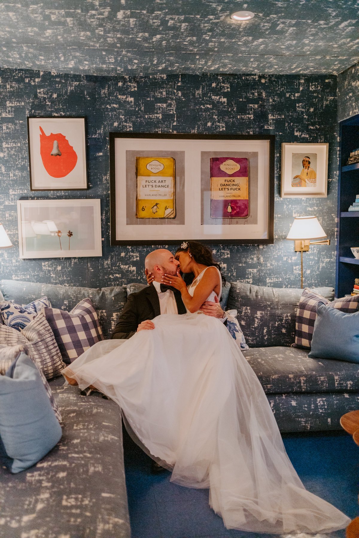Bride and groom photo in lobby at Holiday House Palm Springs, Photo by Tida Svy, Palm Springs Elopement Photographer