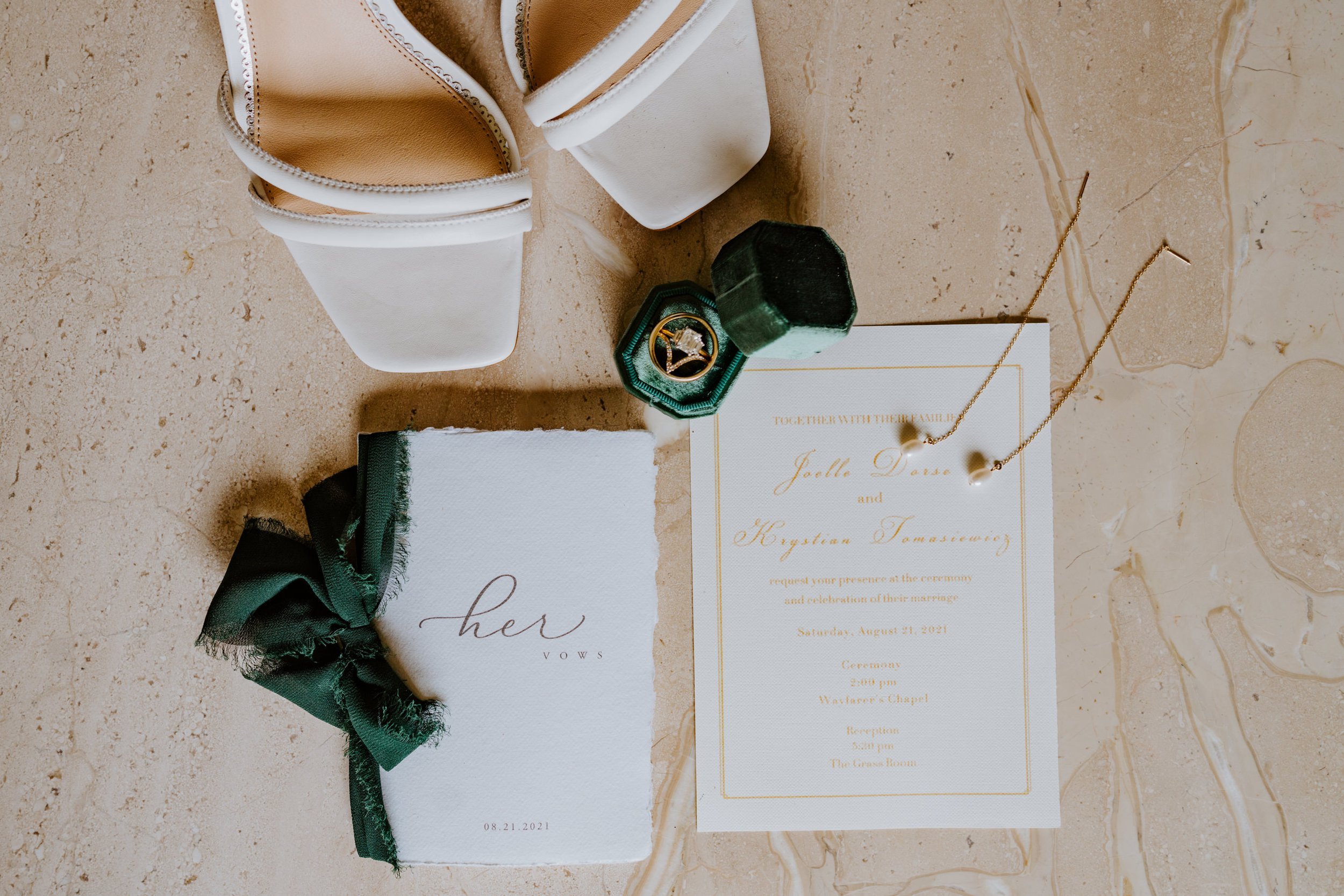 Bride getting ready details invitation flat lay green velvet ring box, photo by Tida Svy, Los Angeles Wedding Photographer