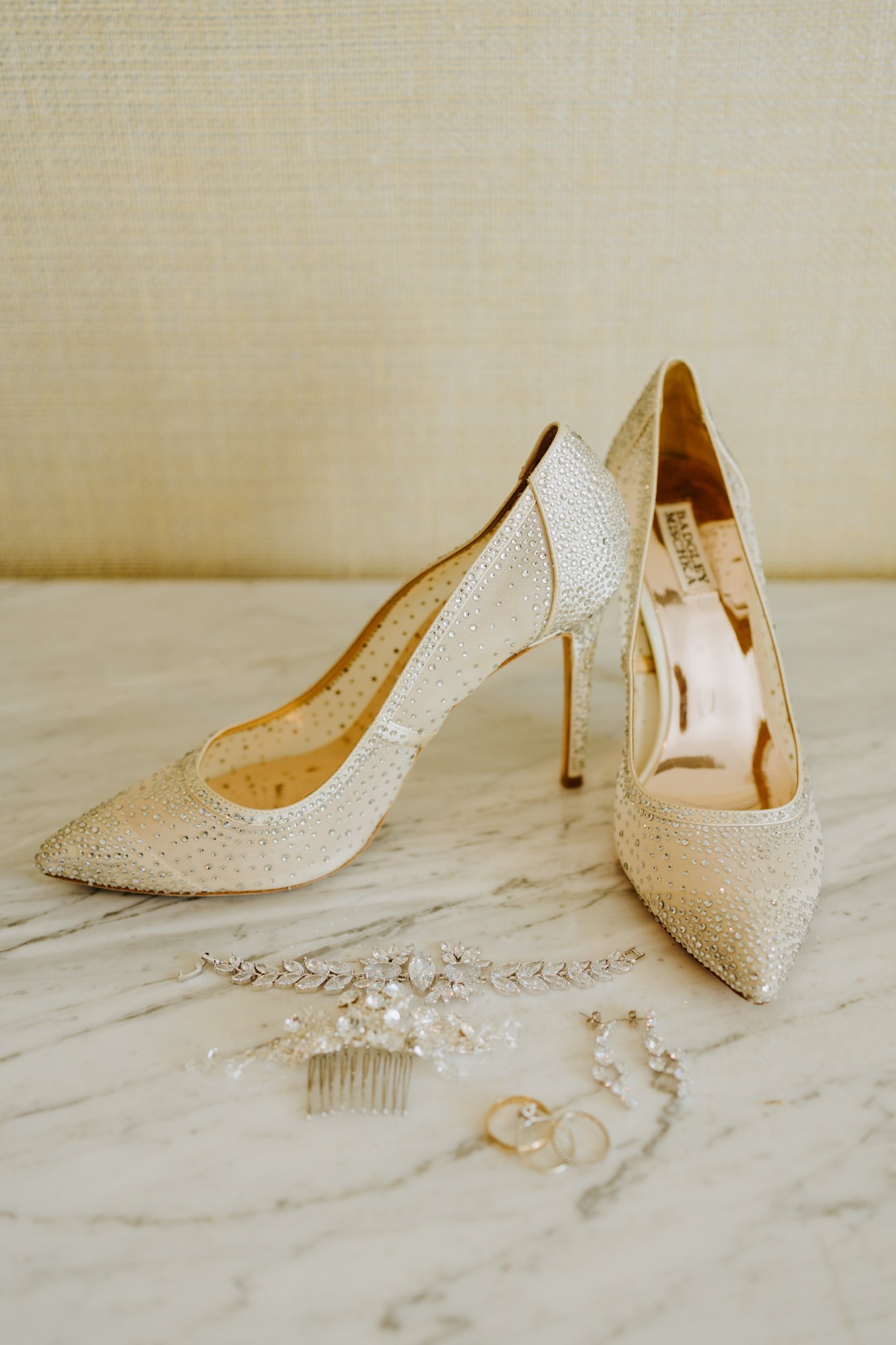 Bride details badgley mischka shoes and jewelry at The O’Donnell House Palm Springs Wedding Photography by Tida Svy, www.tidasvy.com
