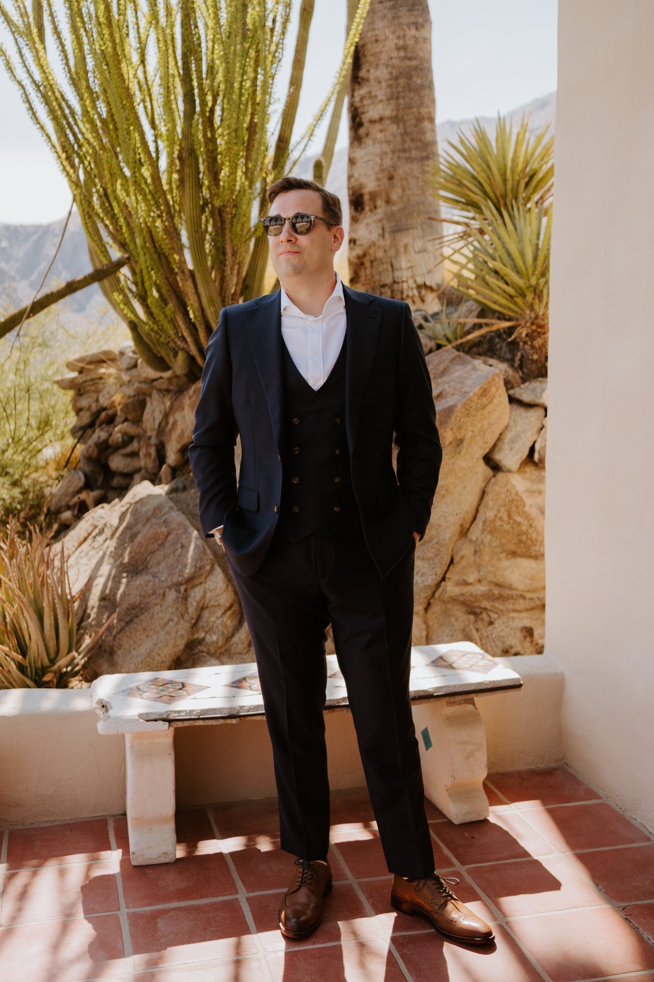 Groom portrait outside in Palm Springs at The O’Donnell House