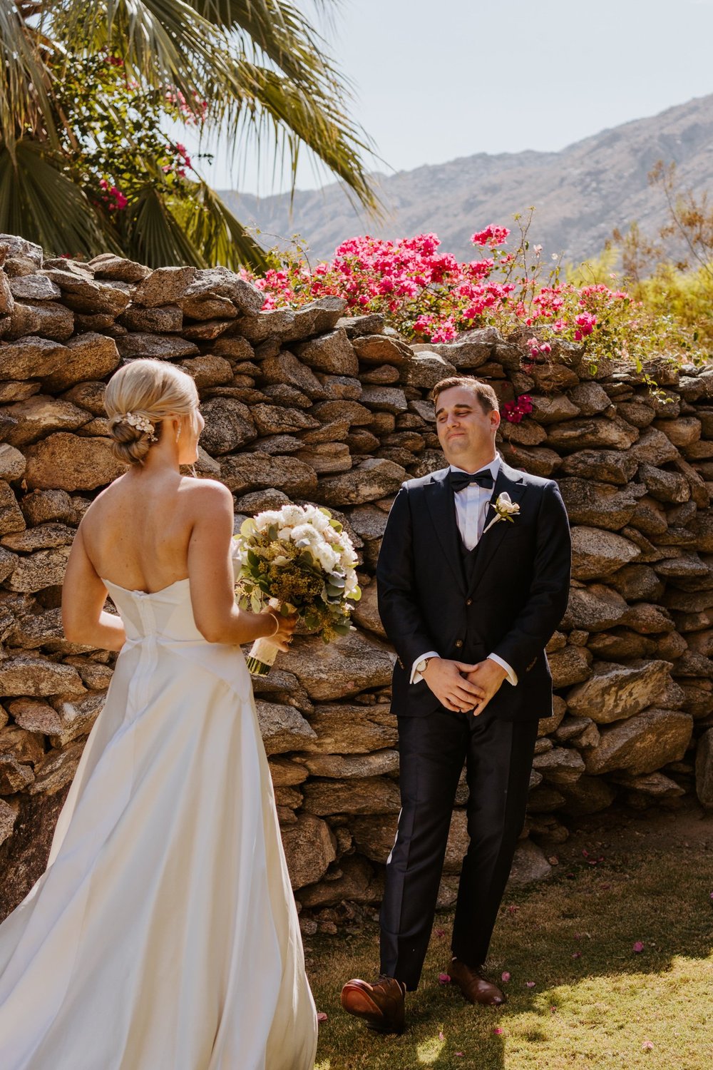 Bride and Groom First Look at The O’Donnell House Palm Springs